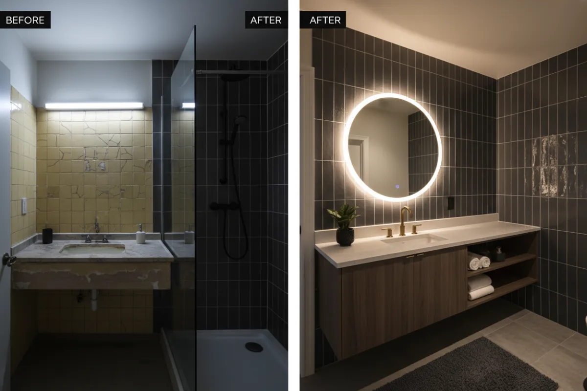 Before-and-after style shot of a modernized apartment bathroom: tiled shower, new vanity, and updated fixtures, well-lit, staged for tenant-ready turnover, photorealistic, horizontal composition emphasizing finish quality.