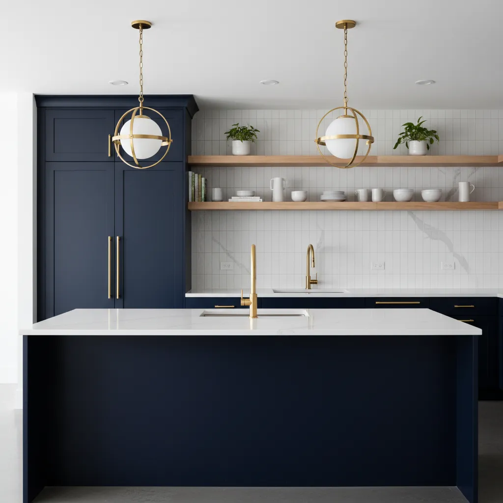 A stylish kitchen with a navy island, quartz countertops, and pendant lighting. The open shelving and gold hardware add a contemporary touch, highlighting a recent Genesis Builds kitchen transformation.