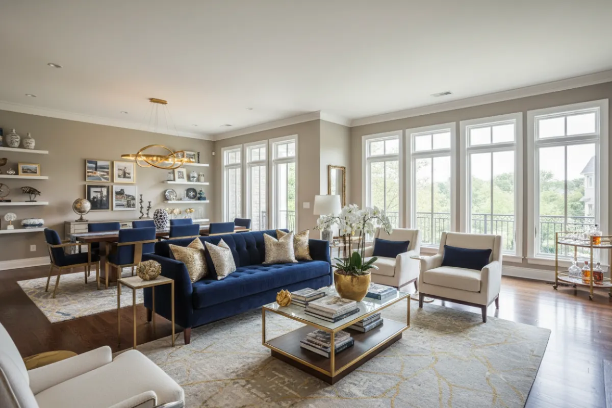 A spacious open-plan home interior featuring a seamless transition from living to dining areas, with navy and gold accents, hardwood floors, and large windows. The design highlights personalized decor and a cohesive, inviting atmosphere.