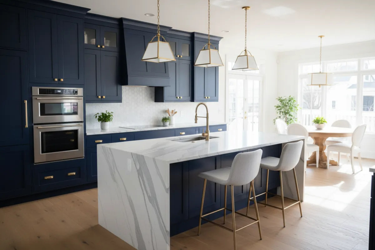 A contemporary kitchen with navy cabinets, gold hardware, marble countertops, and pendant lighting. The open layout features a large island, bar stools, and a view into a bright dining area, creating a welcoming space for cooking and entertaining.