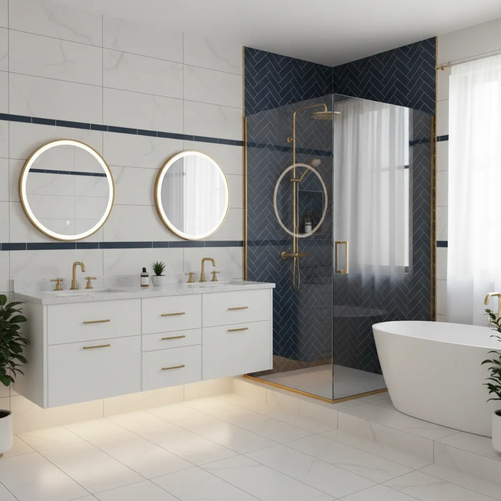 A bright, modern bathroom with a walk-in shower, glass enclosure, and gold fixtures. The space features navy tile accents and a floating vanity, showcasing Genesis Builds' attention to detail.