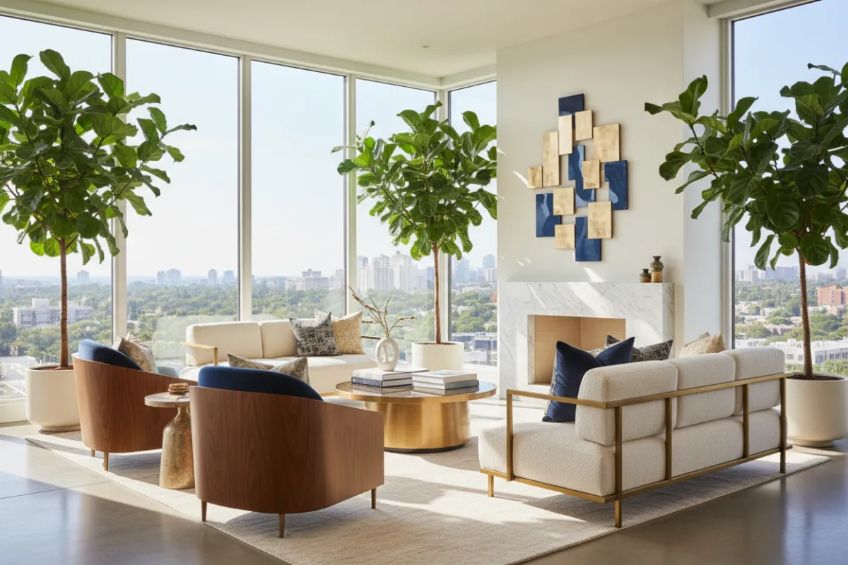 A modern, sunlit living room with large windows, mid-century furniture, and a statement art piece. The space features a blend of deep navy and gold accents, with lush plants and soft cream textiles, evoking a sense of luxury and comfort. No people are present, focusing on the inviting atmosphere.