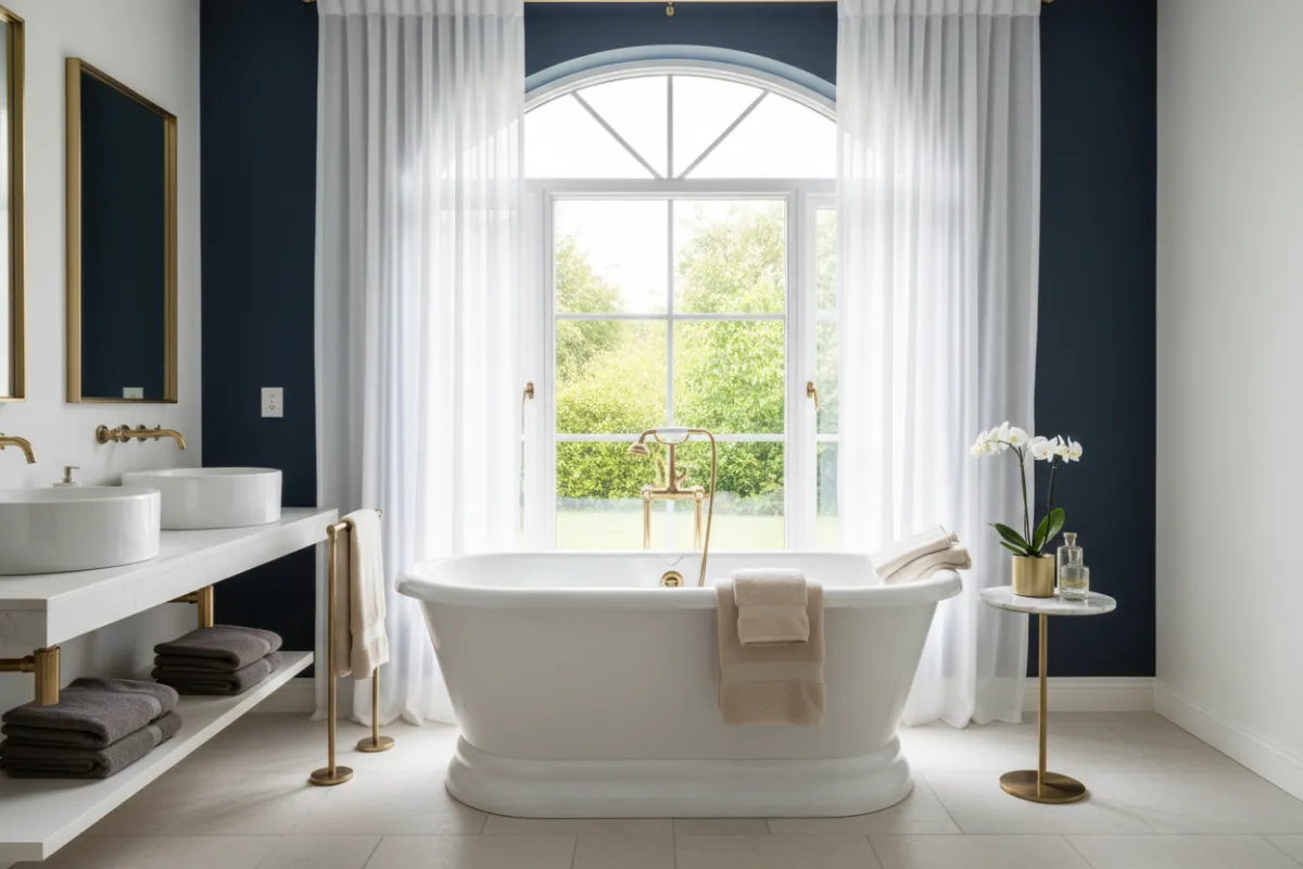 A newly renovated bathroom with a freestanding tub, gold fixtures, navy accent wall, and large window letting in natural light. The space is styled with plush towels and minimal decor, exuding a spa-like ambiance and modern elegance.
