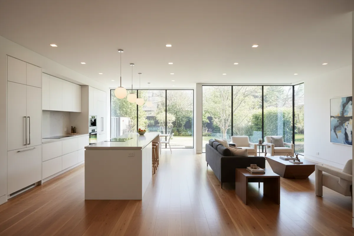 Genesis Builds team collaborating on a renovation blueprint in a sunlit workspace, showing diverse professionals in branded attire, focused and engaged, with renovation materials and tools on the table.