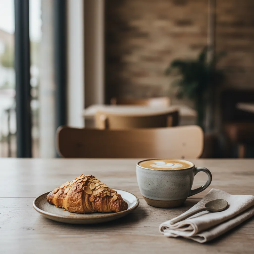 Latte and pastry on a wooden table