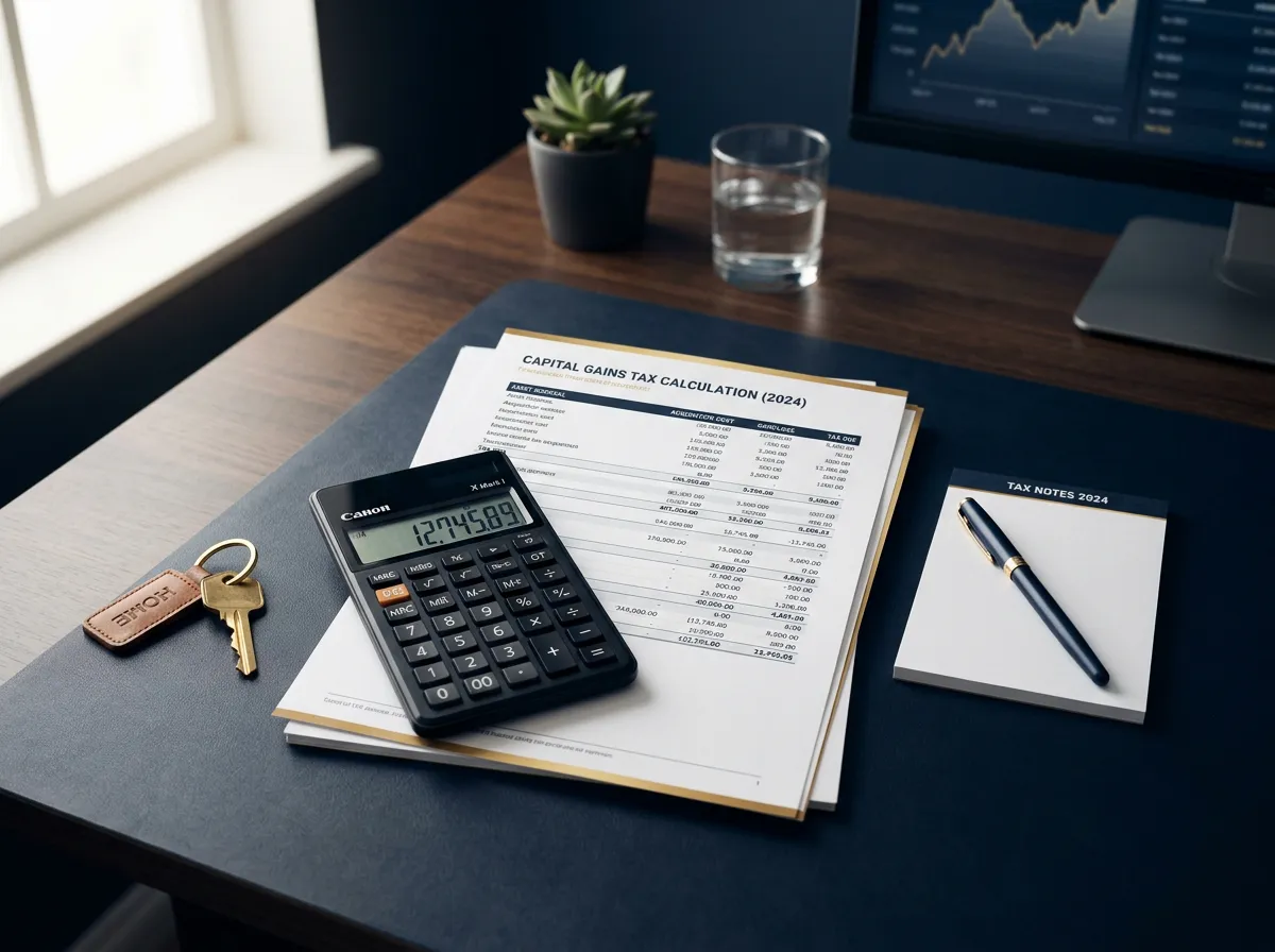 Capital gains tax calculation documents, property paperwork, and house keys in Huddersfield