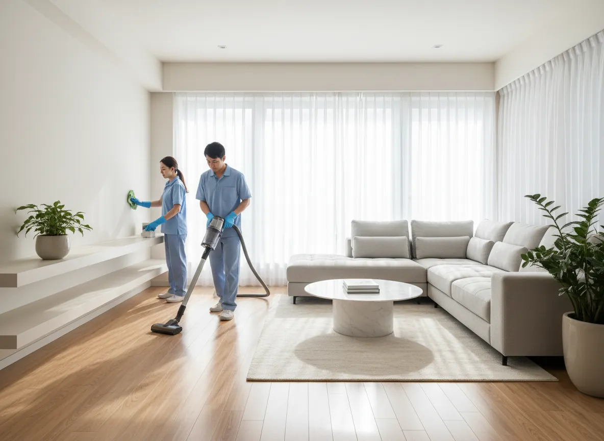 Team FD Services | Impresa di Pulizie che lavora in un soggiorno ordinato e luminoso