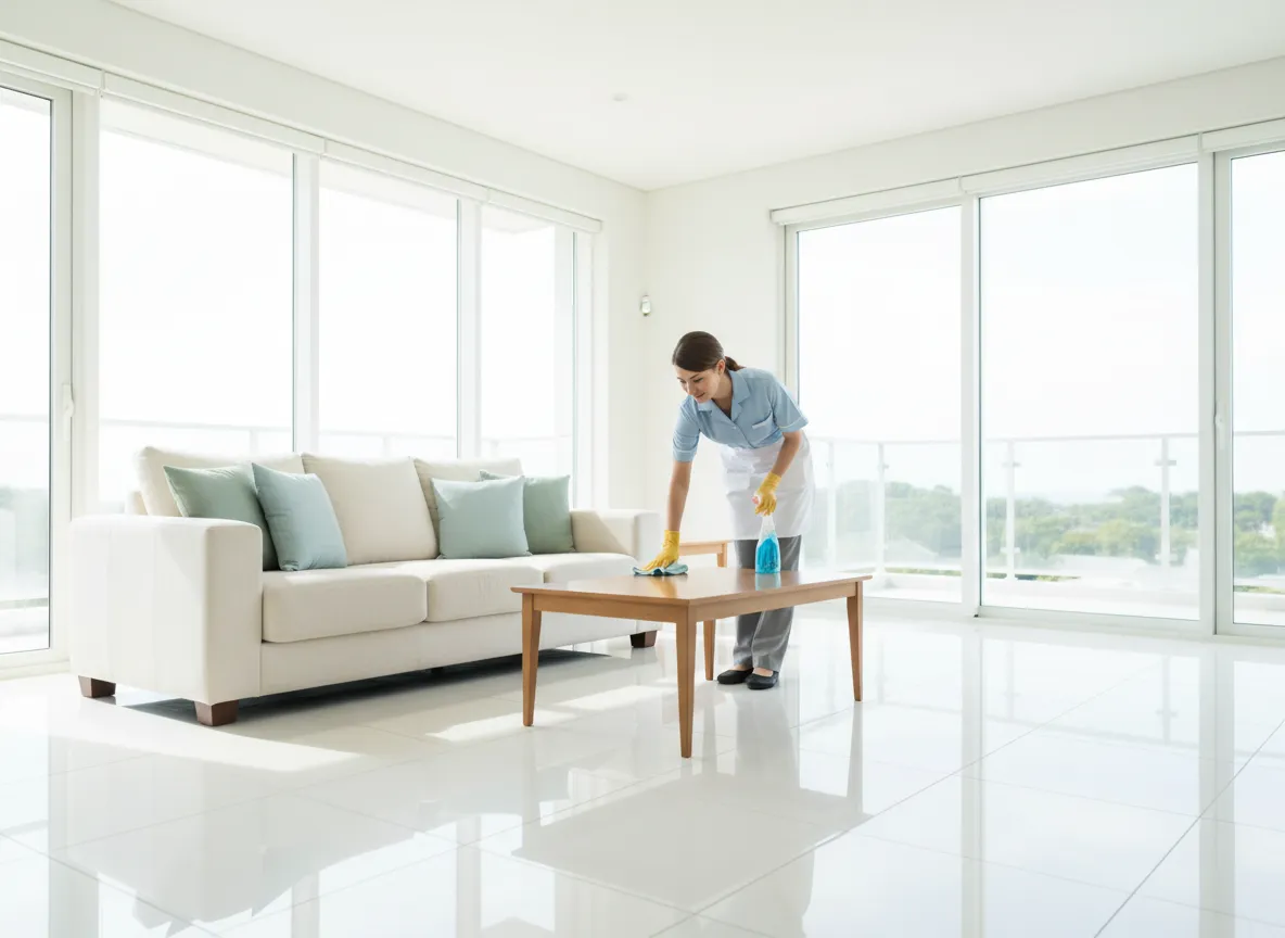 Operatrice FD Services | Impresa di Pulizie che pulisce un soggiorno moderno e luminoso