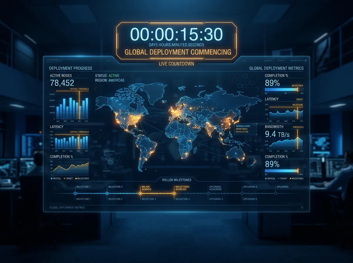 Global countdown clock and live deployment metrics dashboard