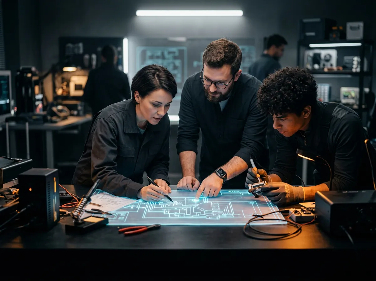Innovative collaborative workspace with builders shaping creative technology