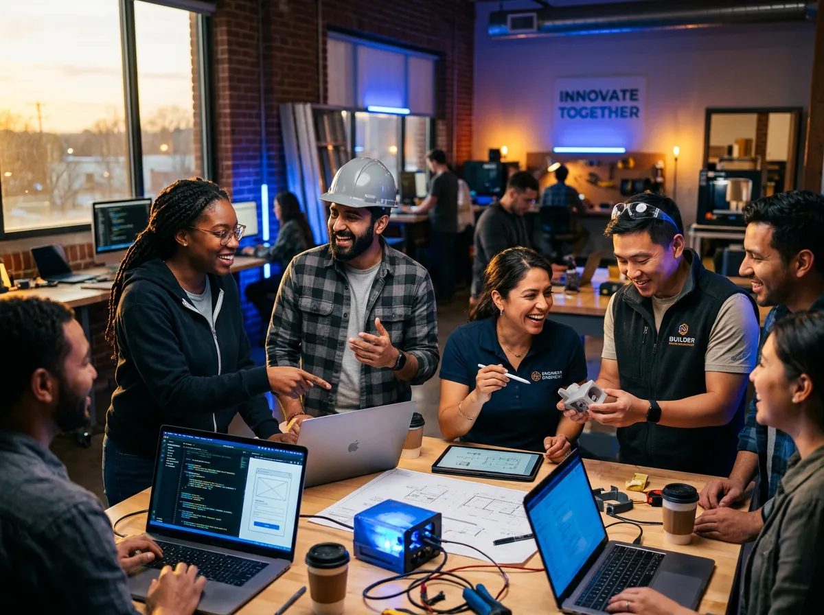 Diverse energetic builders and engineers collaborating on code interfaces
