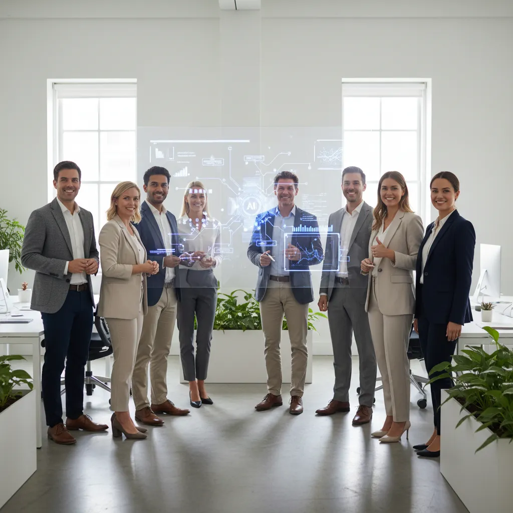 Diverse team of AI experts in a bright, modern office, gathered around a digital whiteboard with futuristic diagrams. The group is smiling, collaborative, and professional, reflecting a culture of innovation and partnership. Clean, premium, and systematic composition.