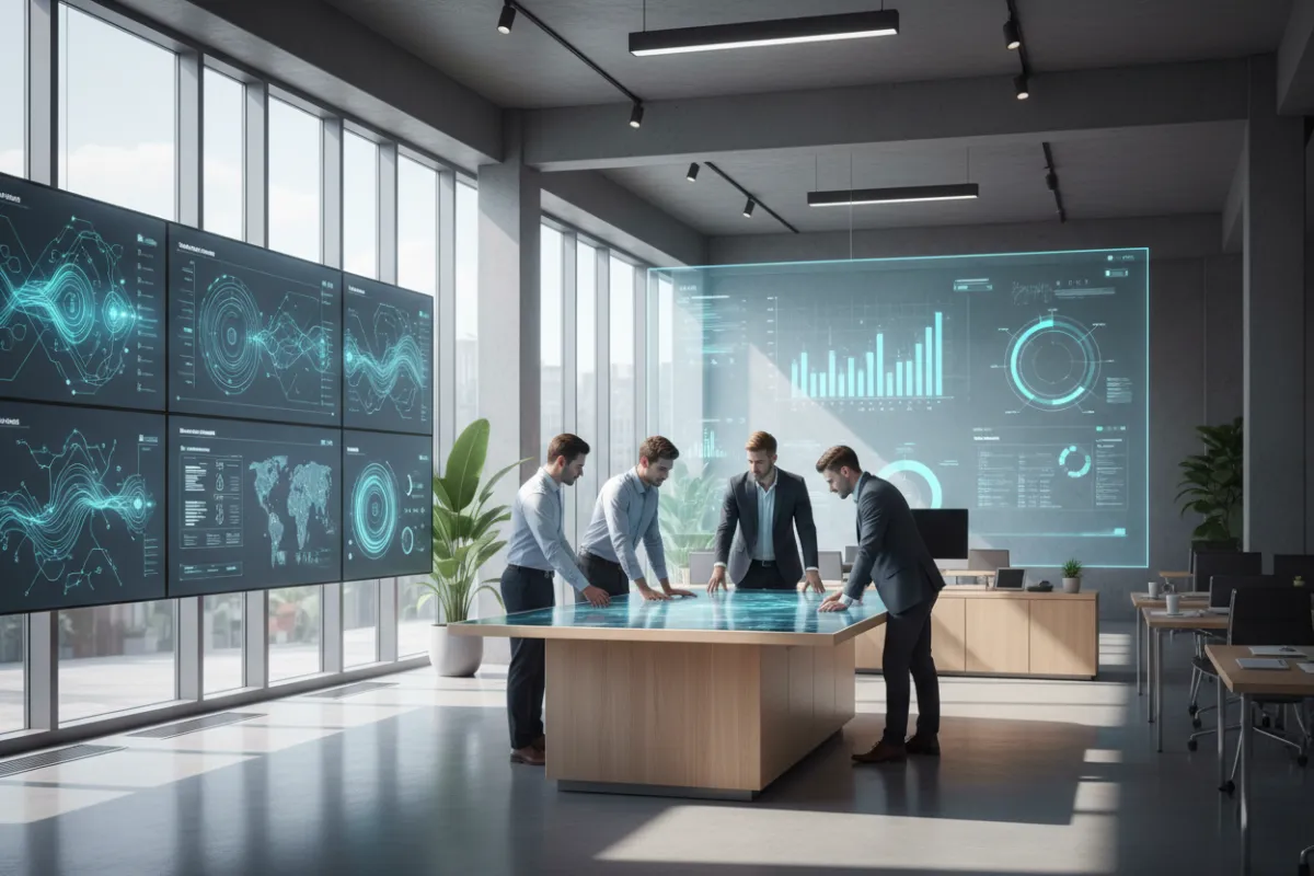 Professional service office with AI-driven scheduling screens, a diverse team collaborating around a digital table, and real-time project dashboards. The space is sleek, minimal, and filled with natural light, emphasizing productivity and seamless workflow.