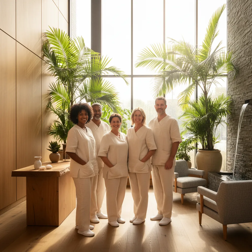 A diverse spa team in soft uniforms, smiling and relaxed in a sunlit, modern spa lobby with lush plants, natural wood accents, and a tranquil, welcoming atmosphere.