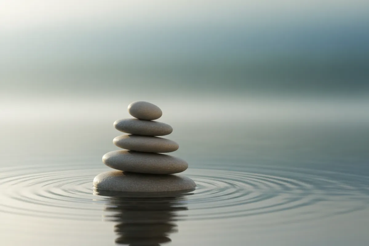 A serene arrangement of smooth spa stones balanced on a rippling water surface, soft natural light, gentle gradients, and a tranquil, minimalist background evoking calm and balance.