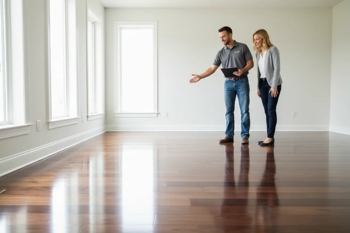 AI-generated image of trained installers installing hardwood flooring in a residential setting