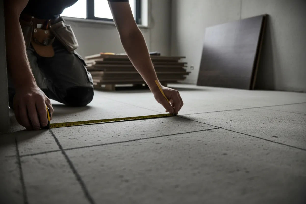 Close-up: installer hands aligning laminate flooring planks with measuring tools and adhesive