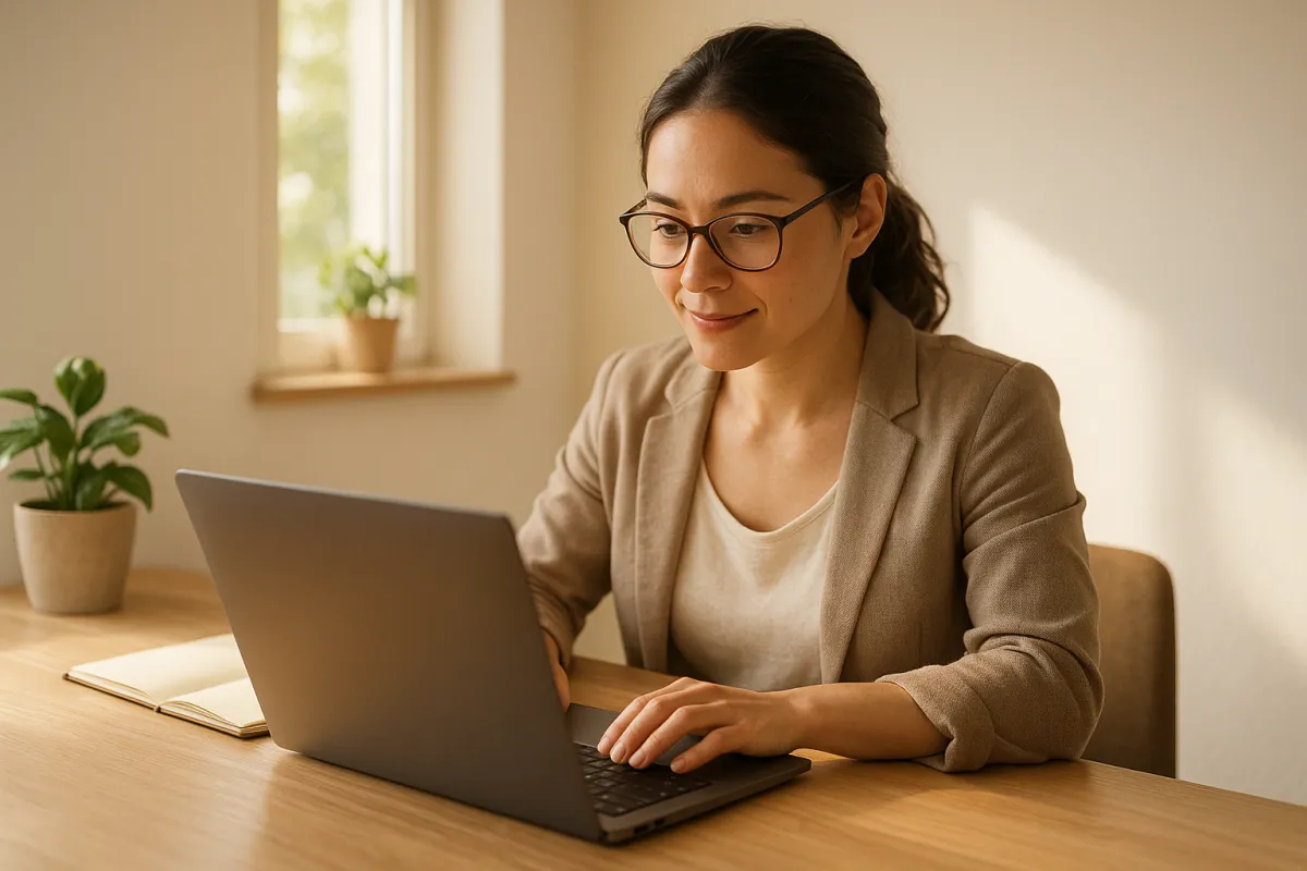 Small female entrepreneur at a tidy wooden desk reviewing the eBook on a laptop; warm morning light through a small window, plant on desk, photorealistic, shallow depth of field, friendly and focused atmosphere.
