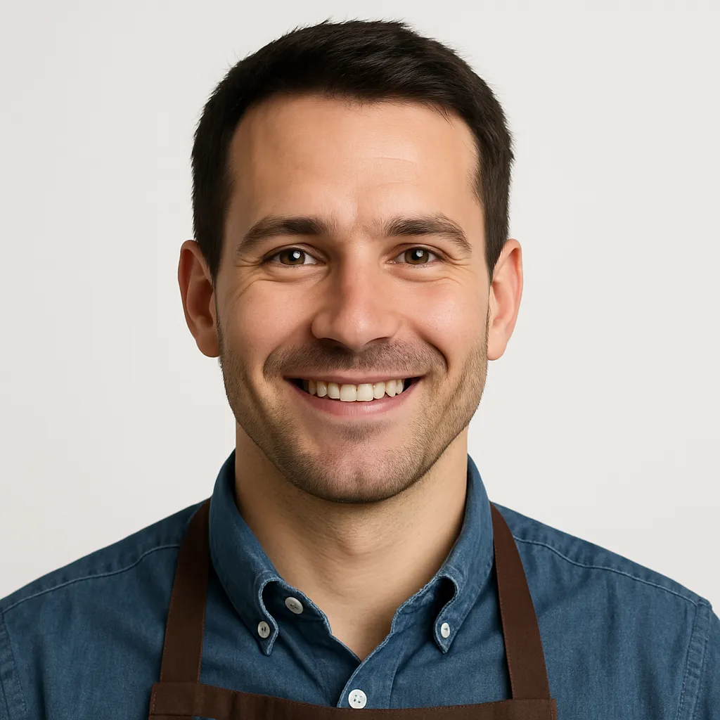 Headshot of Marcus, confident male cafe owner, smiling