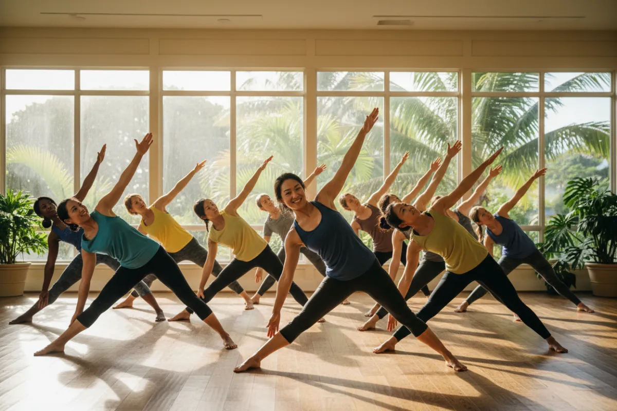A diverse group of adults practicing the Bowspring Method in a sunlit Oahu studio, led by Dr. Lily Baker. The group is mid-pose, showing dynamic movement and focus, with tropical plants visible through large windows. The scene is vibrant, energetic, and welcoming, capturing the spirit of transformation.