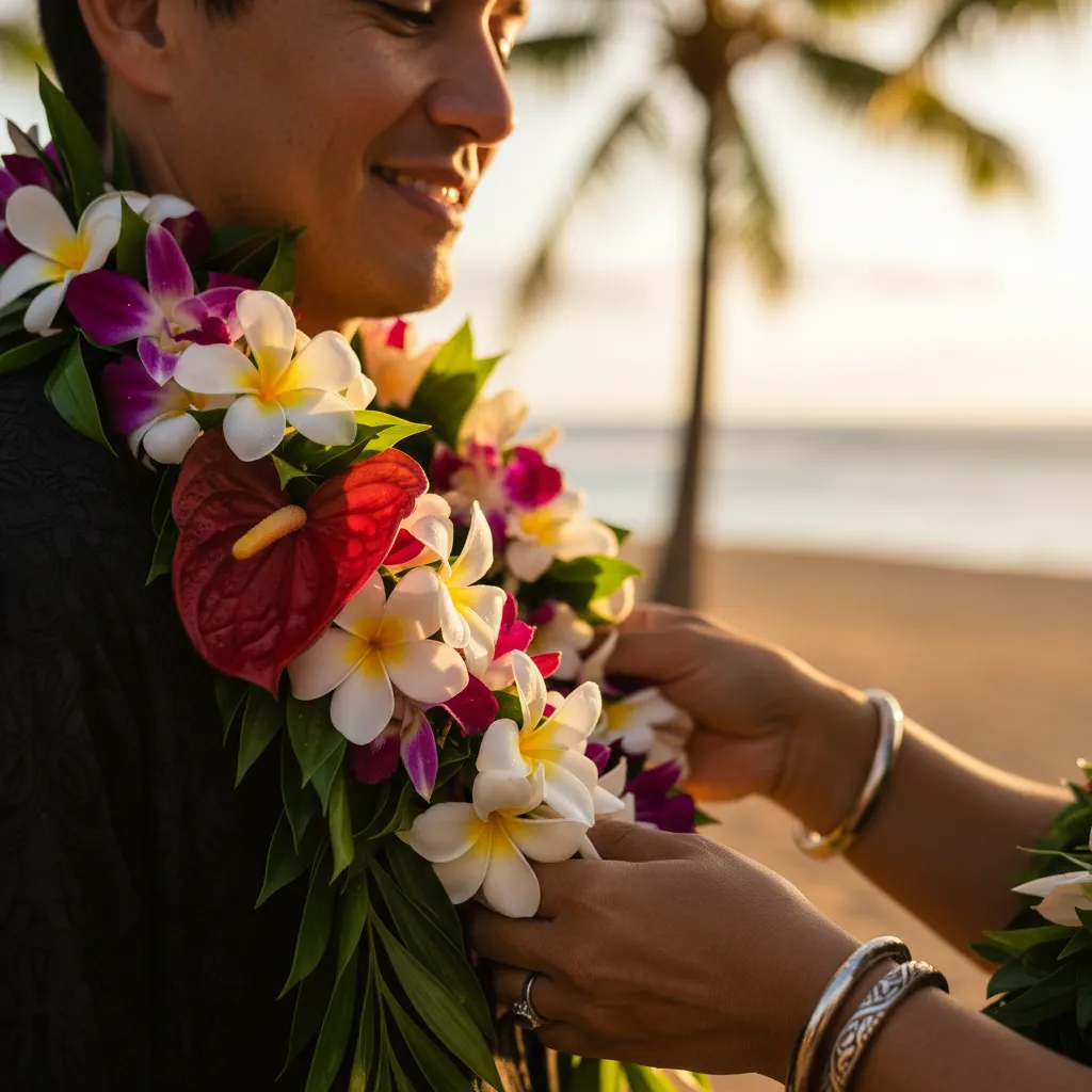 A close-up of a traditional Hawaiian lei being gently placed around a participant's neck, symbolizing welcome and celebration. The lei is vibrant with fresh tropical flowers, and the background is softly blurred, evoking warmth and gratitude.