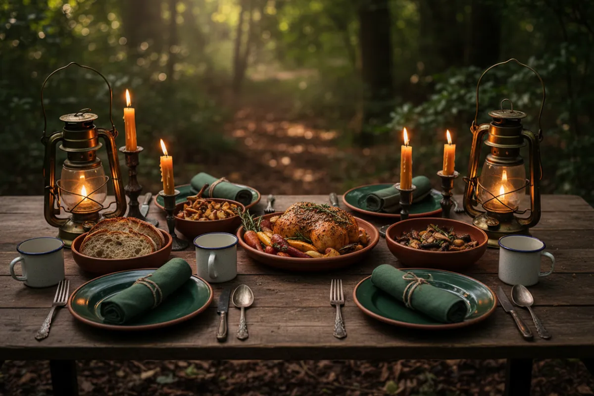 Rustic gourmet dining spread with warm lighting