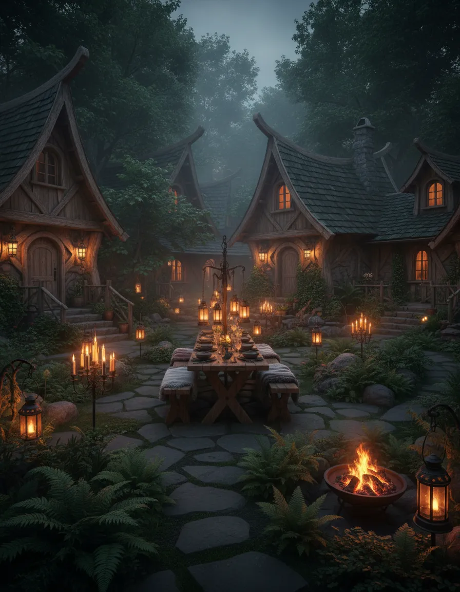 A scenic view of Ancient Lore Village at dusk with rustic dining and storybook dwellings