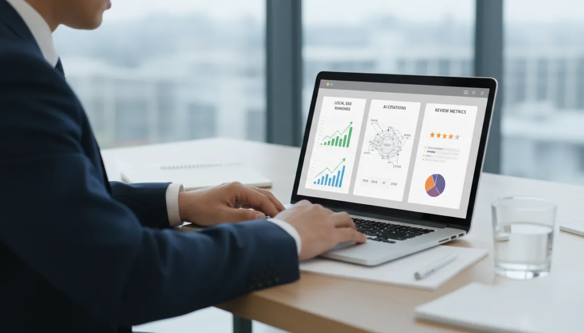 Professional reviewing combined SEO, AI citation, and review performance metrics Professional reviewing combined SEO, AI citation, and review performance metrics