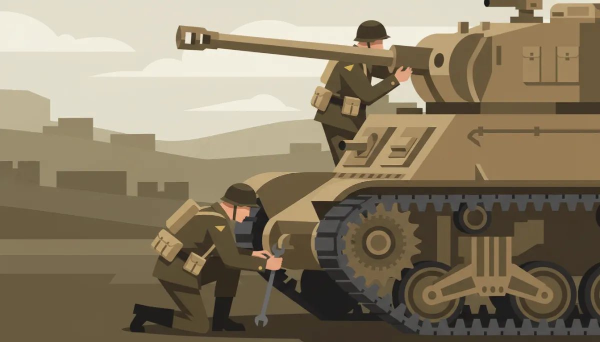 World War II tank crew preparing their vehicle before battle