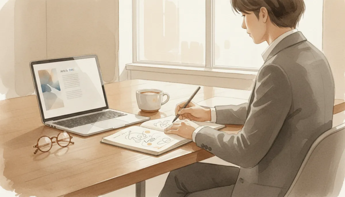 Strategist drafting thought leadership content at a tidy desk Strategist drafting thought leadership content at a tidy desk