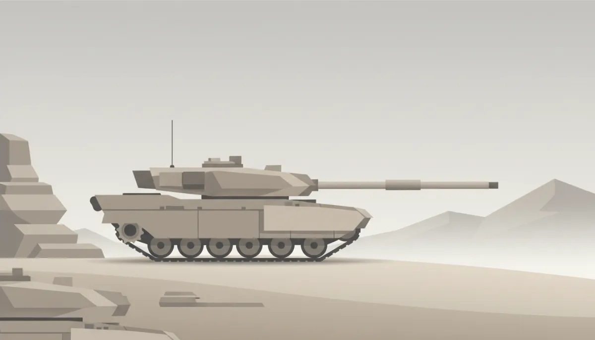 Neutral-toned flat design illustration of a modern main battle tank on a simple landscape, minimal shadows, clean geometric shapes, subtle beige and gray palette