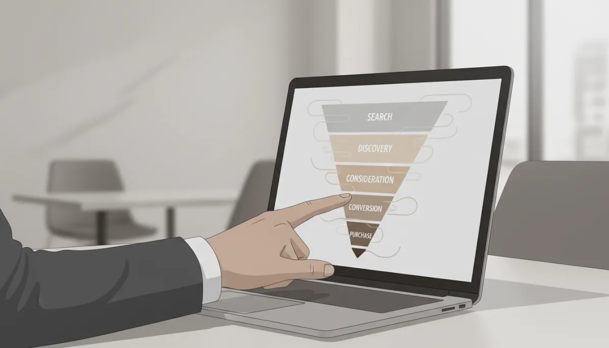 Consumer journey from search to purchase displayed on a laptop screen