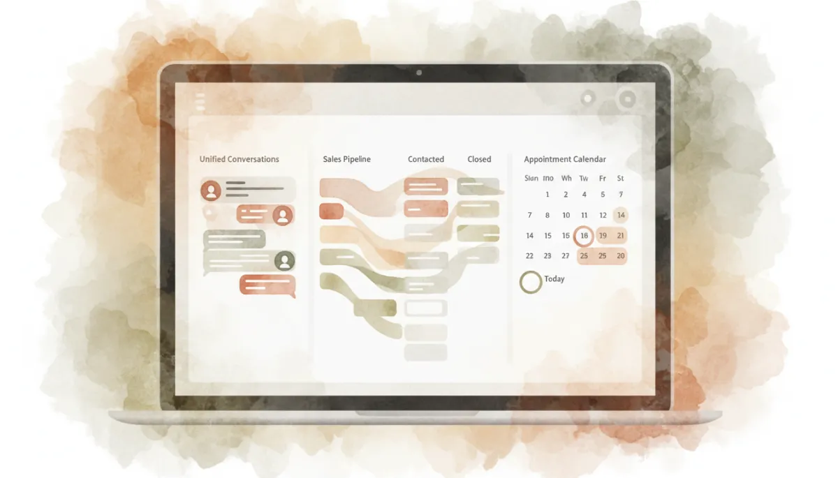 Laptop showing a unified dashboard with CRM, conversations, and calendar tools