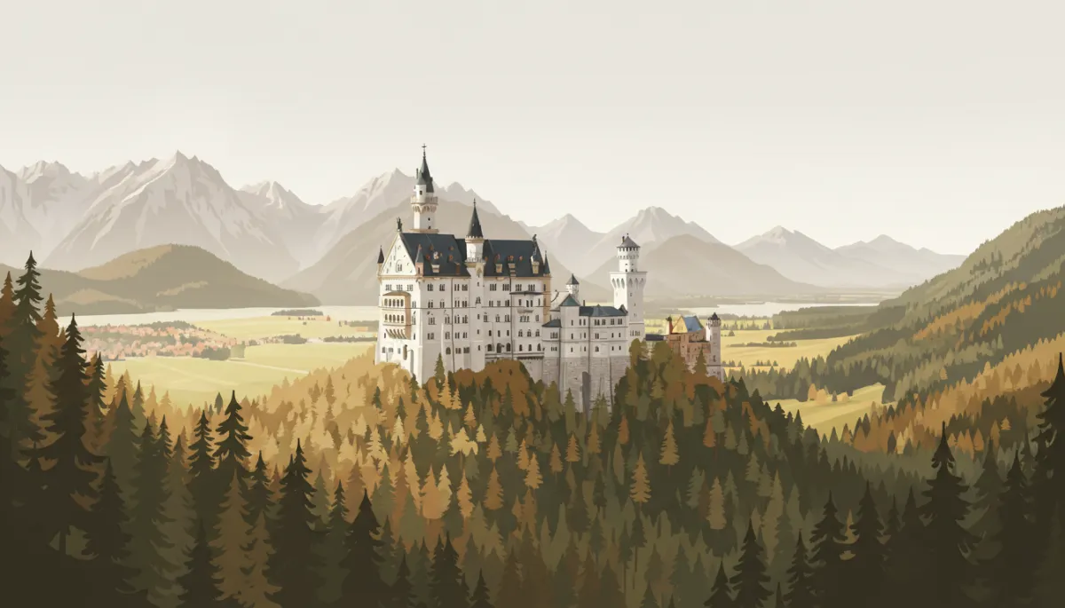 Neuschwanstein Castle surrounded by forests and mountains near Munich