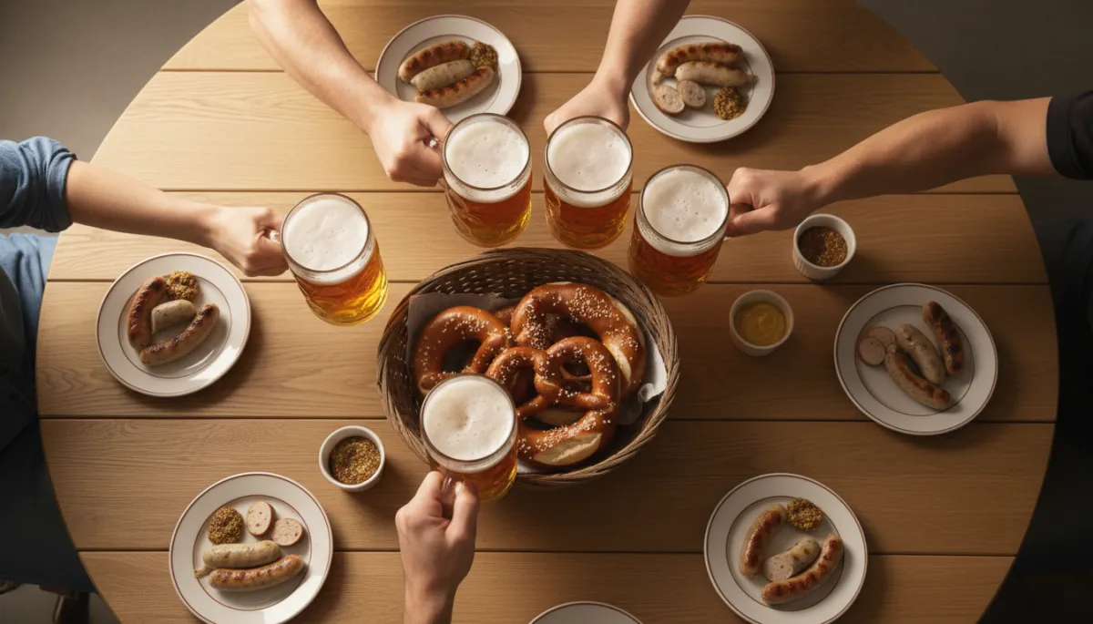 Traditional Bavarian dishes and beer on a wooden table in Munich
