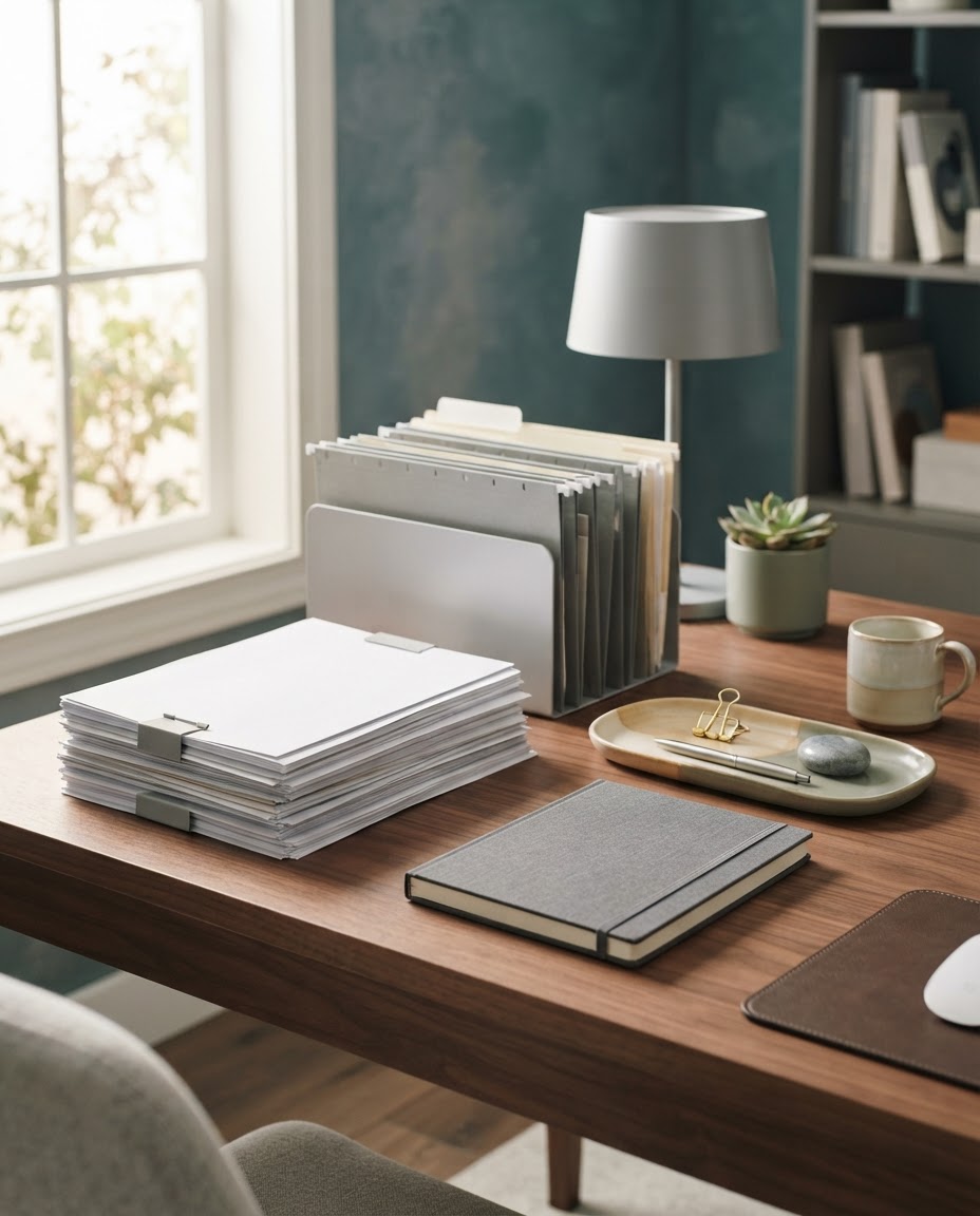 An organized desk with a stack of financial documents and a notebook