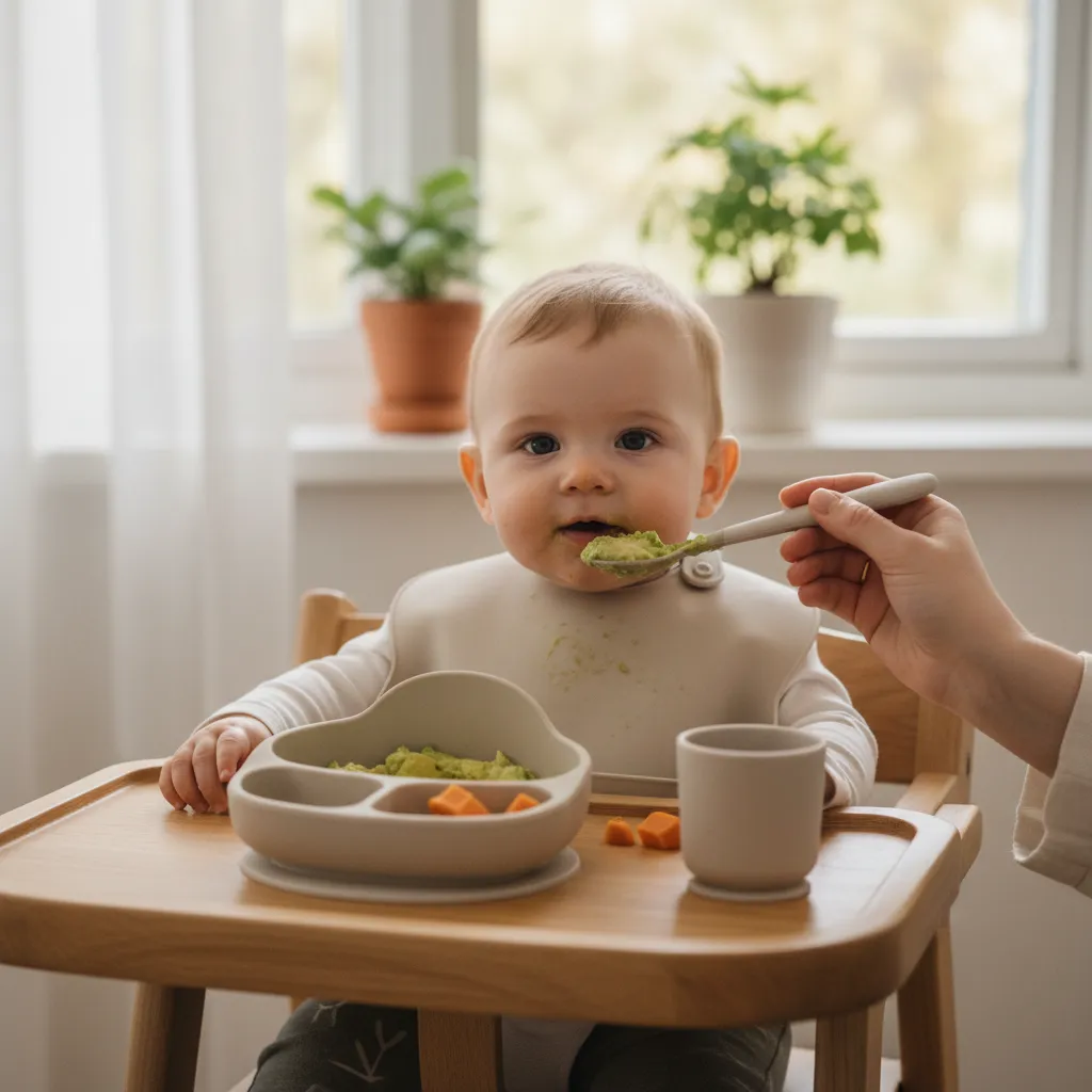 Parent offering first solid foods to a calm baby at a sunlit table