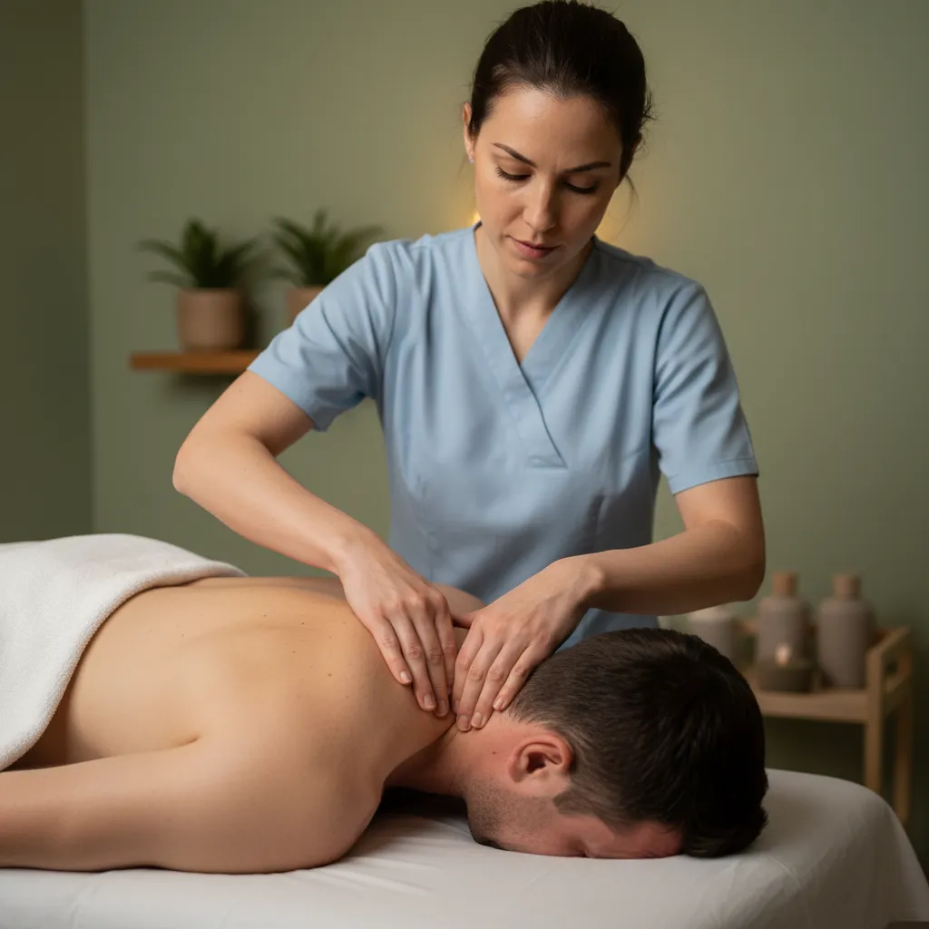 Practitioner treating shoulder and back pain for an office worker
