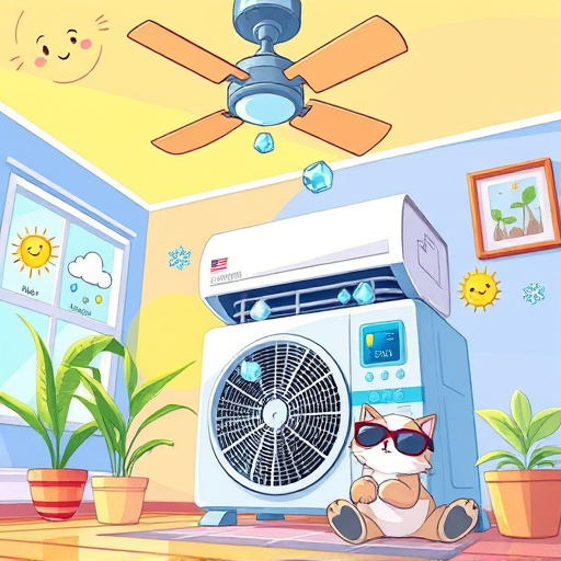 Hyperrealistic interior view of a freshly installed HVAC system in a modern Upland, California home. The image showcases an intricately detailed air conditioning unit integrated into a stylish living space with elegant furnishings and vibrant potted plants. Sunlight streams through large, immaculate windows, casting intricate shadows onto the polished wooden floor. The scene conveys a professional yet inviting mood, emphasizing comfort and efficiency. Around the unit, playful cartoonish HVAC tools—a wrench, a screwdriver, and a thermos—engage the viewer, while the background hints at Southern California's warm climate with a bright blue sky visible through the windows. The soothing earth tones and cool blues in the color palette evoke a sense of tranquility and the freshness of a new home.