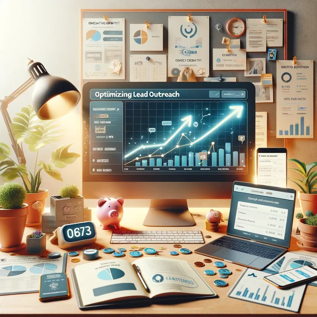 The image depicts a digital workspace optimized for lead outreach in online coaching. It features a computer with a graph showing upward growth, surrounded by marketing materials including notes on content creation and social media analytics displayed on a tablet. A phone showing emails for direct outreach is also present. In the background, there are symbols of organic growth, like a small plant, and a piggy bank, representing the investment in paid strategies. The setting is bright, organized, and inspiring, highlighting the successful integration of direct outreach, content creation, and organic vs. paid approaches in a coaching business environment.