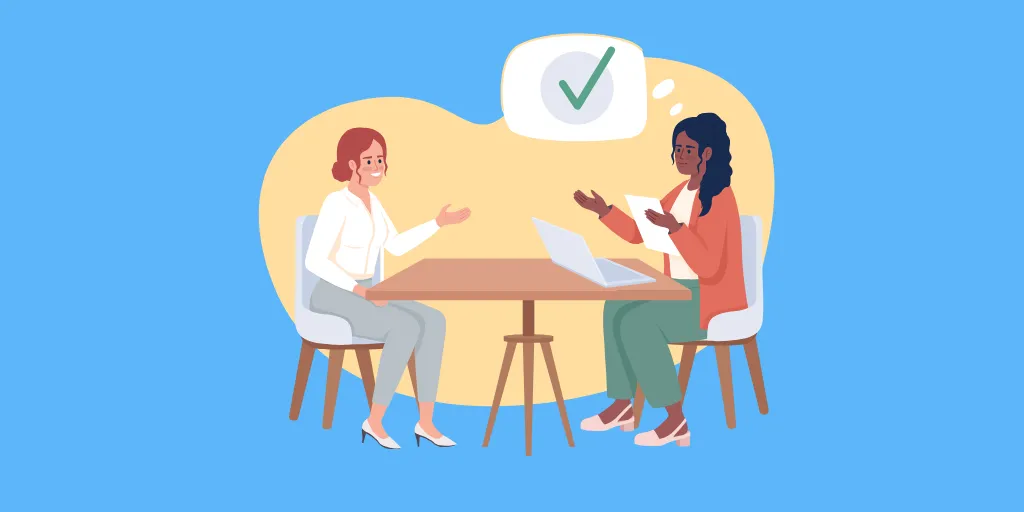 Professional illustration of two women having a business meeting at a table with a laptop and documents, symbolizing successful collaboration and agreement.