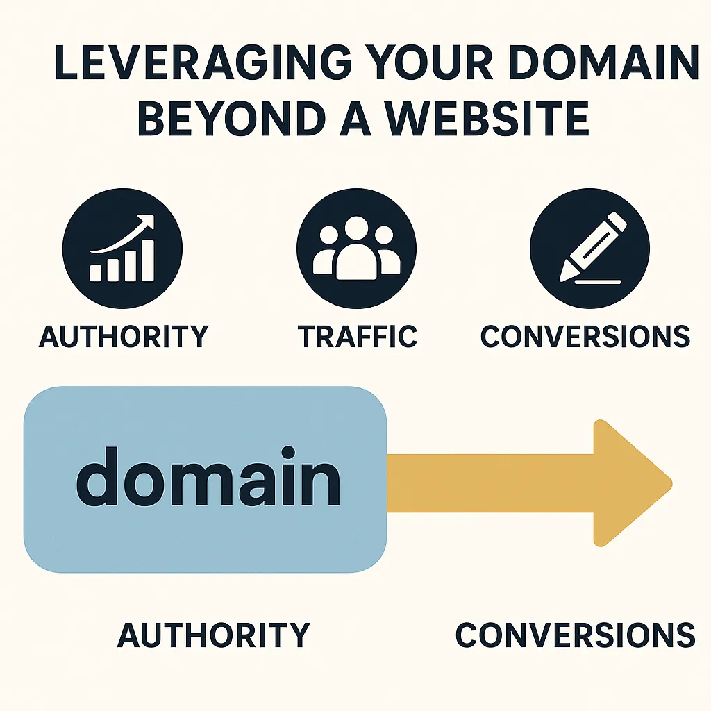 Infographic: Domain as Strategic Asset — showing icons for trust, traffic growth, authority badge, and lead conversion
