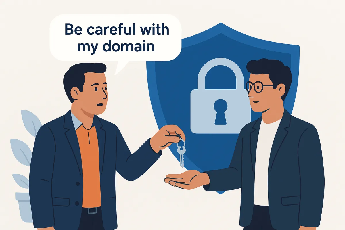usiness owner handing a key to a web developer with a digital padlock icon on a screen in the background — illustrating secure domain access.