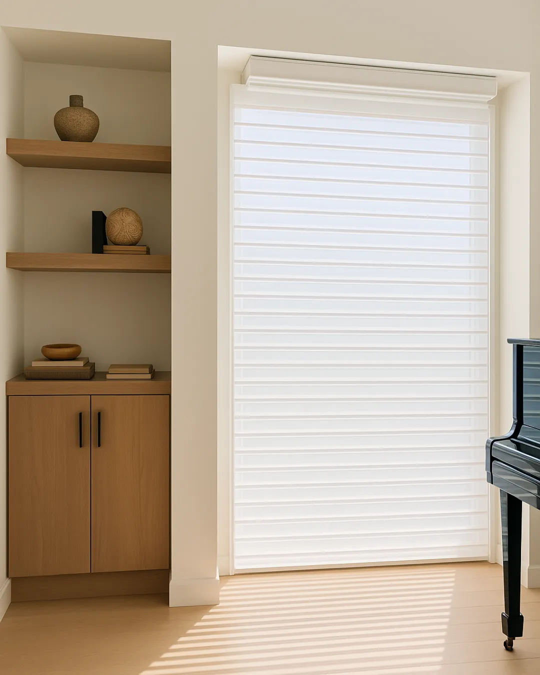Soft sheer curtains in a bright open living room with natural light and layered window treatments
