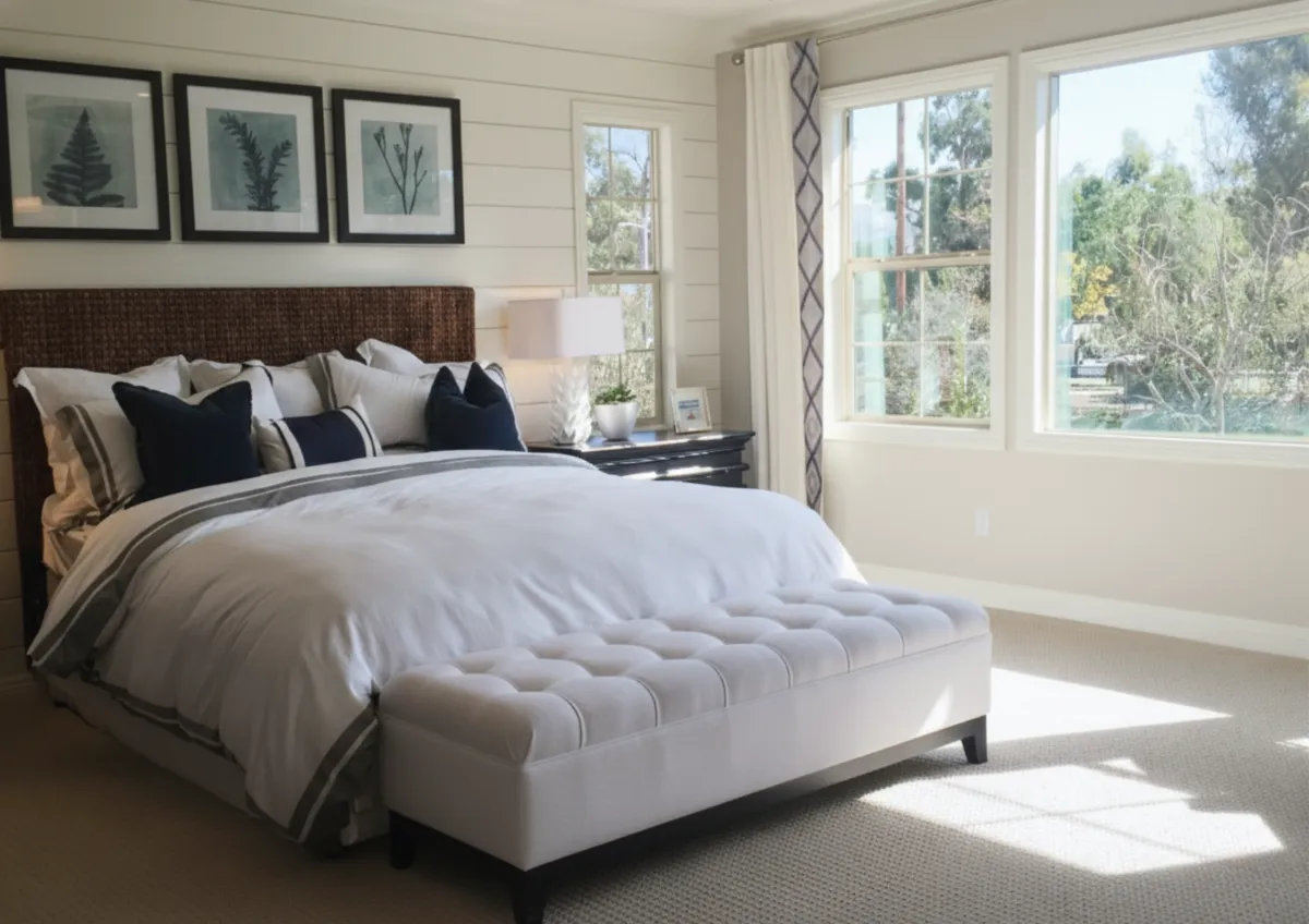 Sunlit living room with sheer drapery and soft neutral tones creating a bright and peaceful atmosphere
