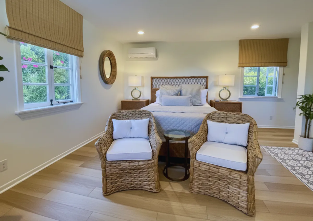 Elegant living room with custom drapery, warm natural light, and soft textures that support comfort and wellness