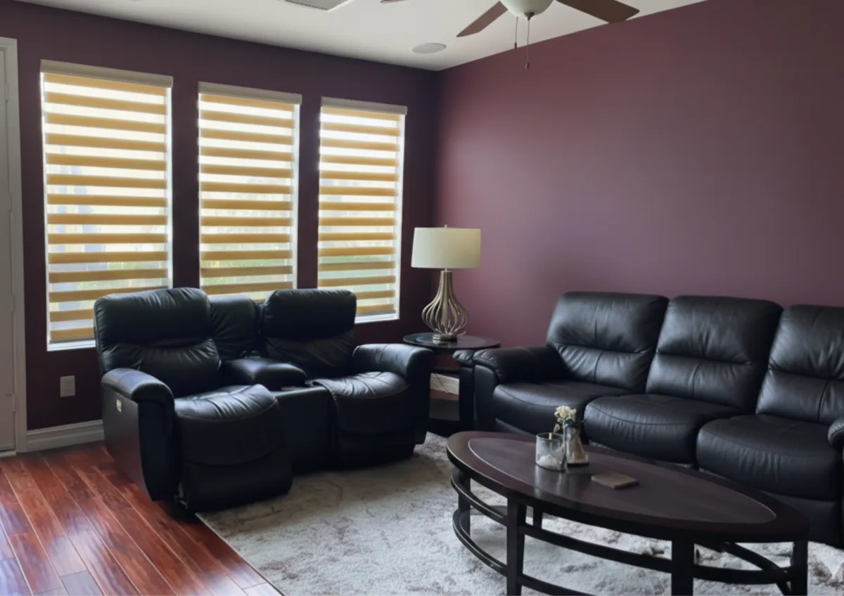 Close-up of layered textures in custom drapery—linen, sheer fabrics, and woven shades—showing how textiles influence mood and atmosphere