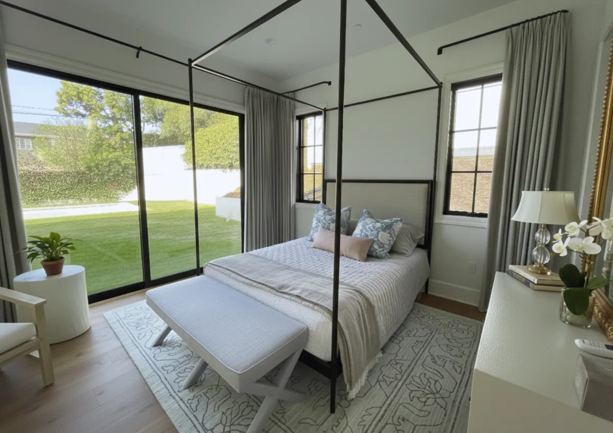 Bright, serene living room with sheer drapery filtering natural light to create a soft, calming glow