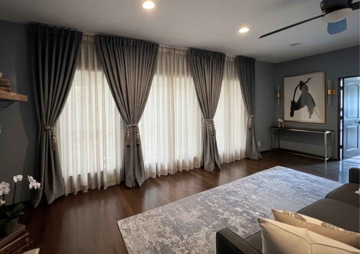 Living room transformed with custom drapery and woven shades showing how window treatments dramatically elevate a home’s appearance