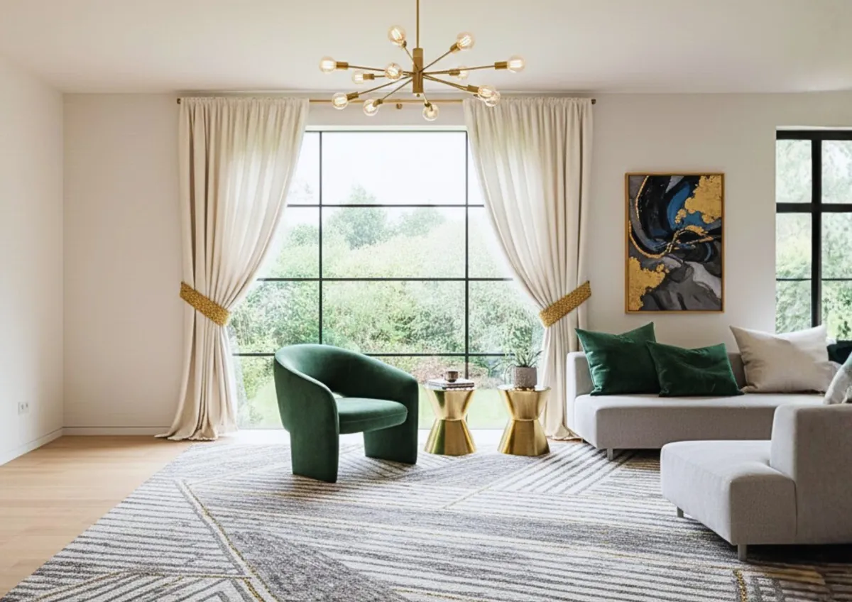 Airy living room with floor-to-ceiling sheer drapery, slim hardware, and minimalist window styling that enhances light without visual clutter